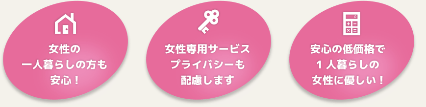 女性の一人暮らしの方も安心！／女性専用サービス　プライバシーも配慮します／安心の低価格で一人暮らしの女性に優しい！